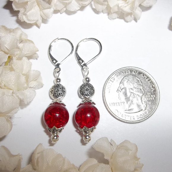 Ruby Red Crackled Glass Earring Silver Dangle Drop Earring Earring Earrings 4773 - Picture 7 of 8